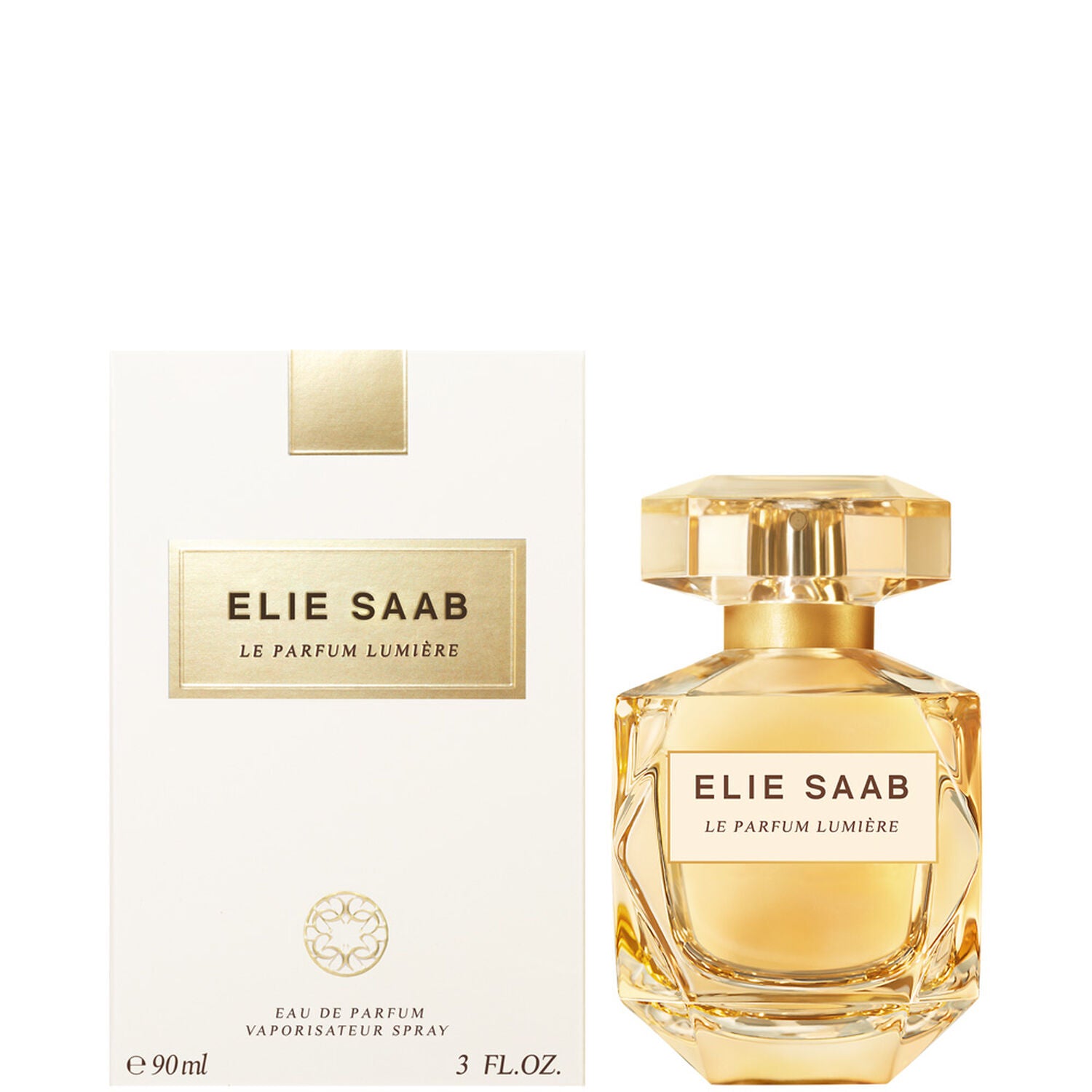 Vue rapprochée du flacon doré du Parfum Lumière, détails raffinés. Produit authentique. 